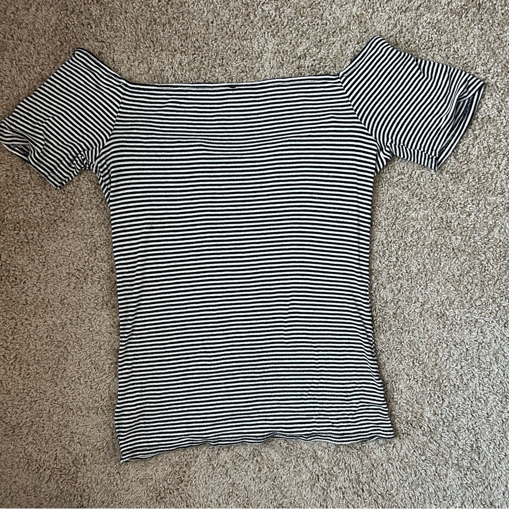 W Black & White Free People Striped Off Shoulder Lace Top Size L |A22 - Picture 5 of 9
